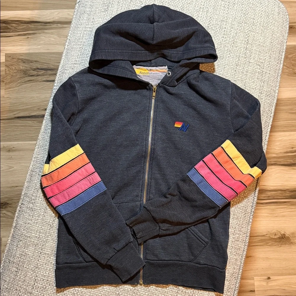 VTG Aviator Nation Venice Embroidered Patch Full Zip Hoodie Charcoal 5 Stripes S - Picture 4 of 7